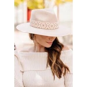 Olive & Pique‎ Ella Wool Felt Gambler Flat Brim Western Hat with Aztec Band OS